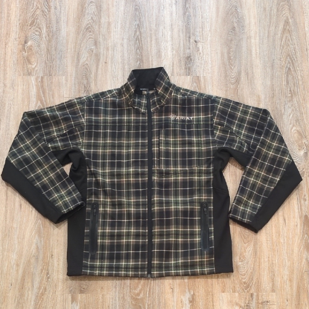 🖤💚🩶🤎Ariat Black Lightweight Jacket with Plaid Design Men's M 🖤💚🩶🤎 NICE!!